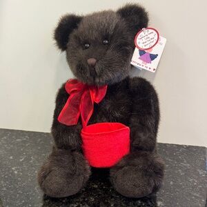 Teddy Bear Plush Stuffed Dark Brown w/Red Ribbon & Box-Peoples